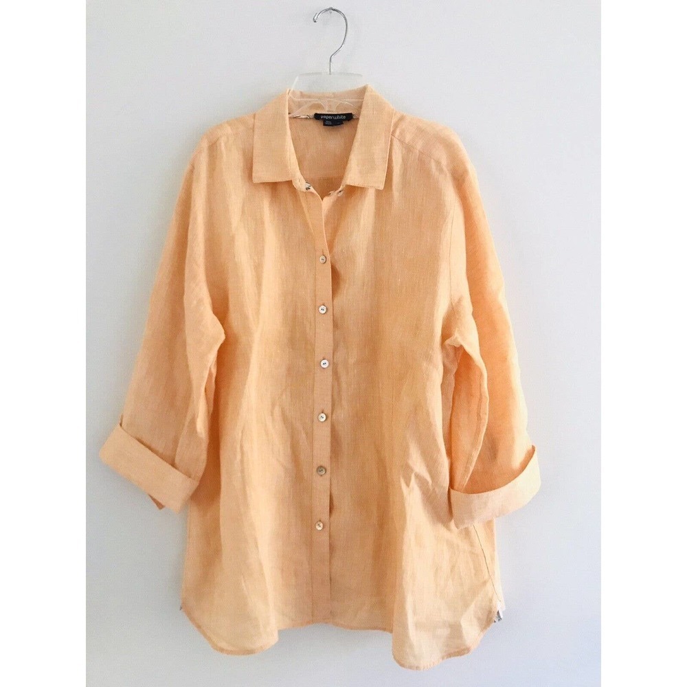 Paperwhite | Womens Size 16 Orange Linen Button Front Collar Shirt